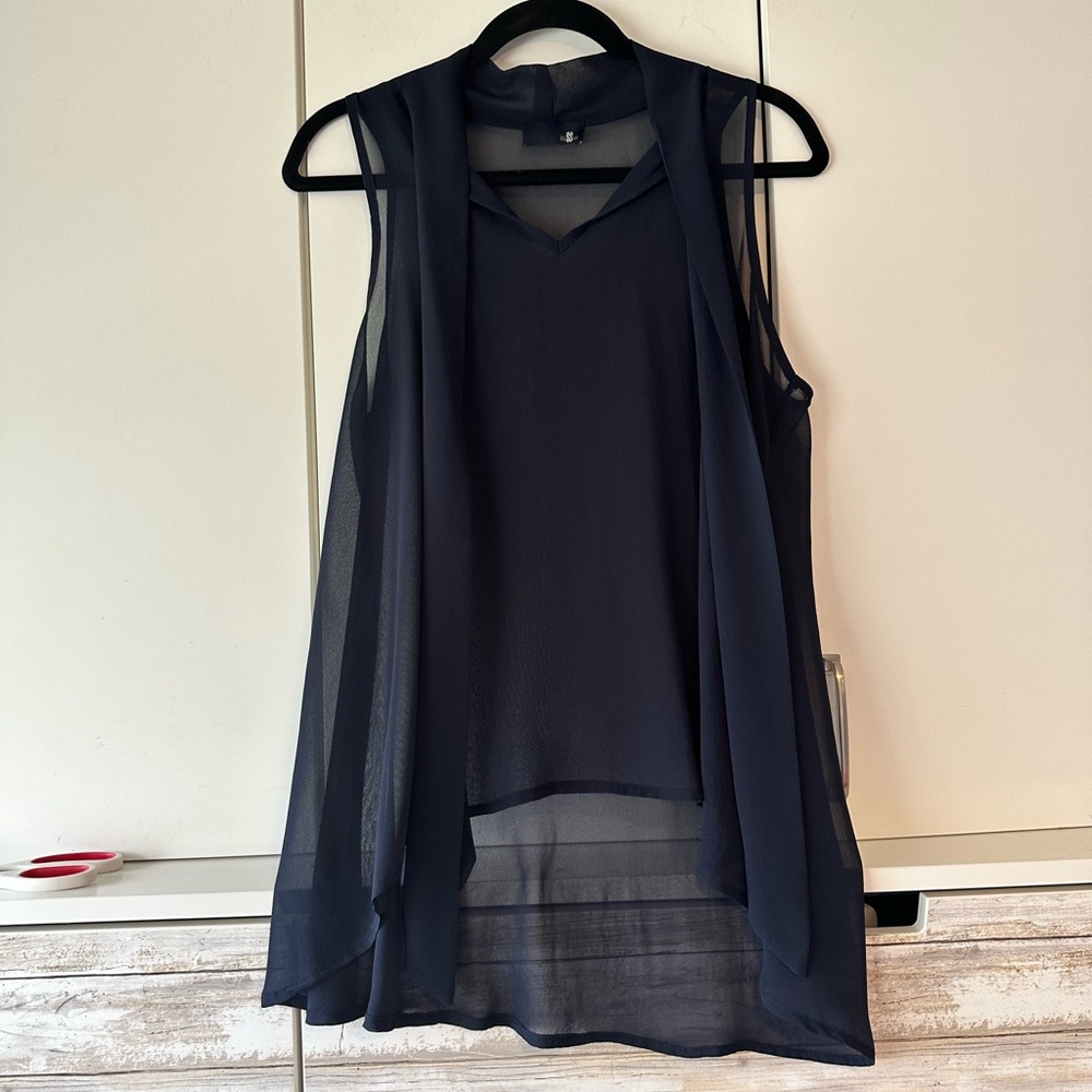 🖤 Sis Sis Navy Blue Sheer High Low Sleeveless Layered Blouse Top